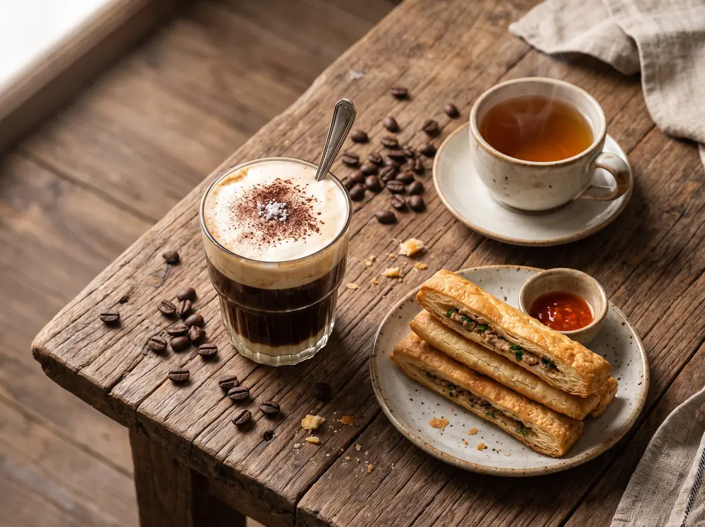 Ly cà phê muối phủ kem và đĩa bánh mì que giòn trên bàn gỗ