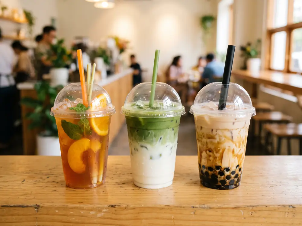 Ba ly trà đào cam sả, matcha latte và trà sữa trân châu đường đen